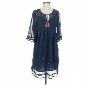 Lucky Brand Sz. Small Blue embroidered dress Tassel boho peasant cowgirl western